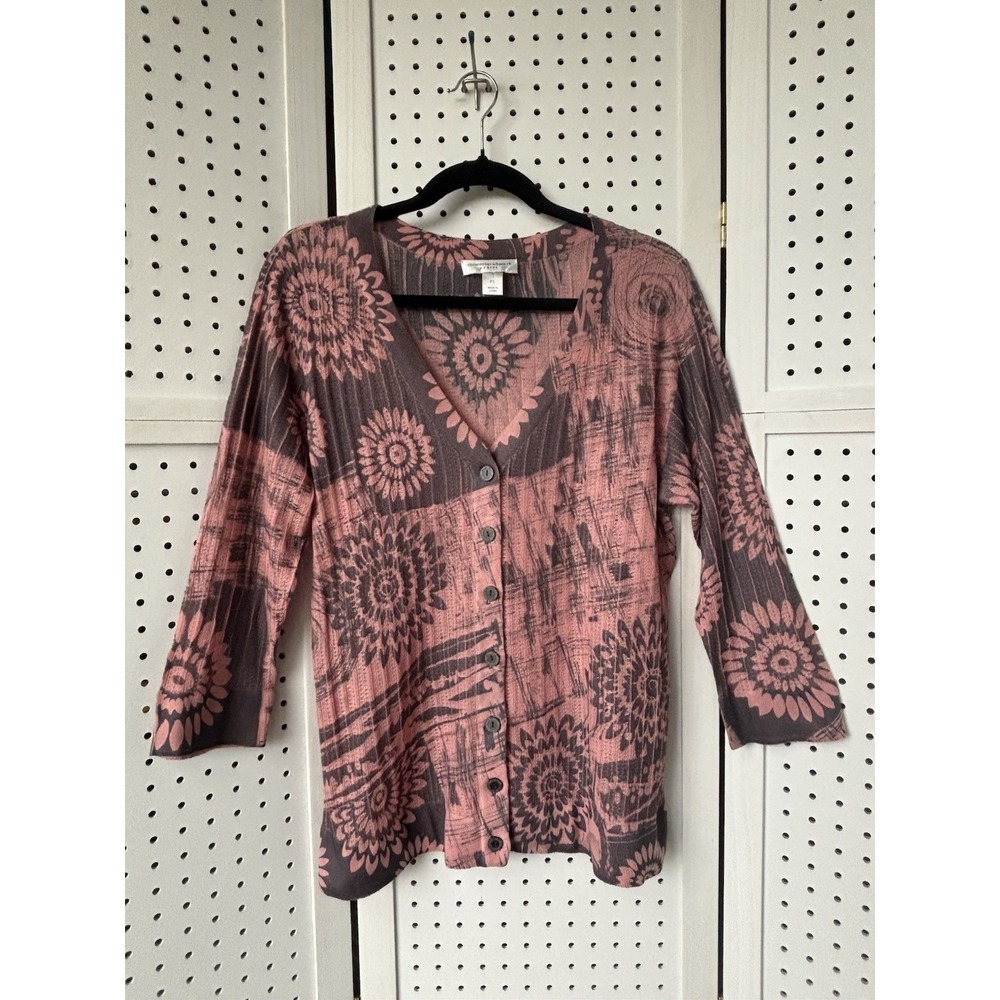 Christopher & Banks Petite Large Lightweight Button Sweater Sunflower Pink Gray